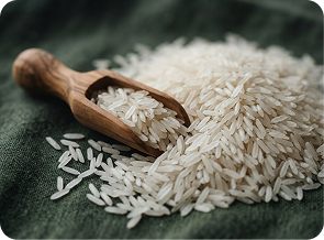 White basmati rice with a wooden scoop